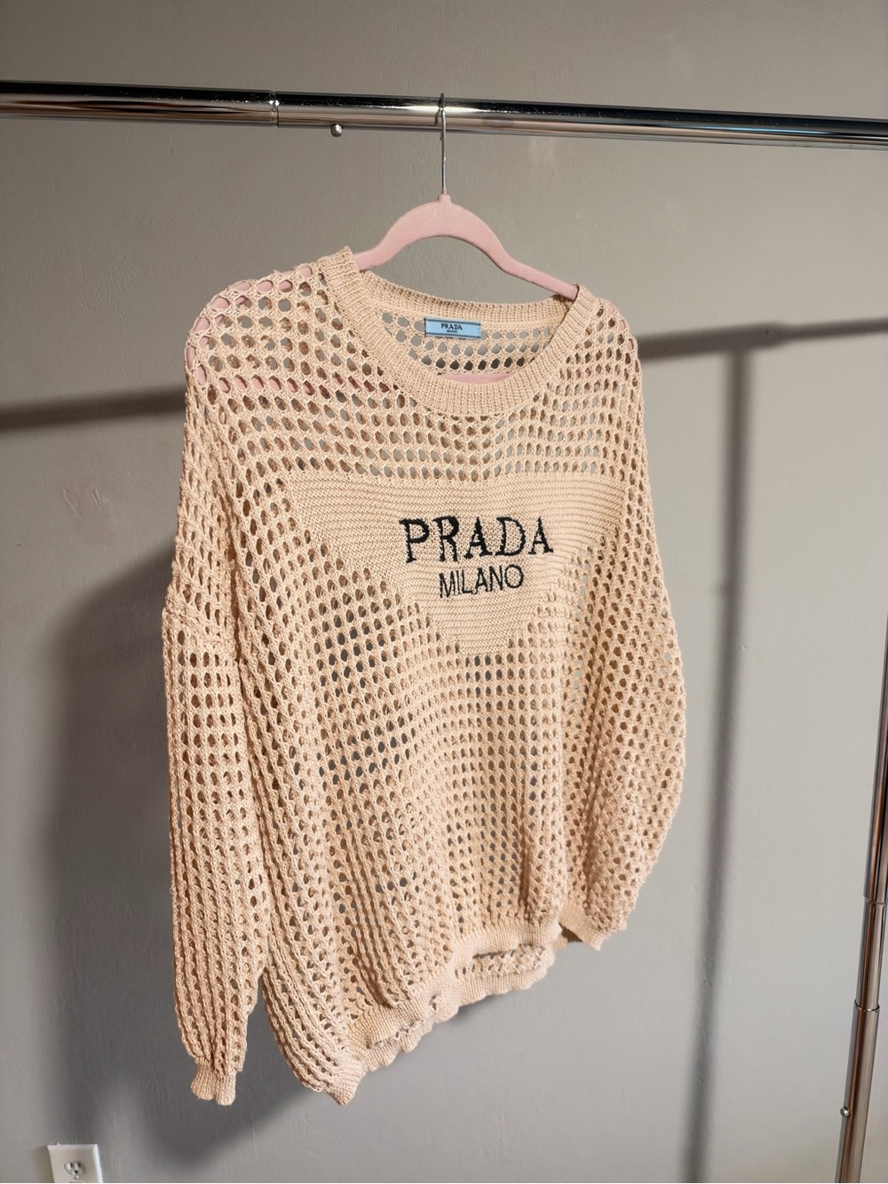 Prada Open Knit Logo Sweater in Beige Like New - Picture 2 of 3